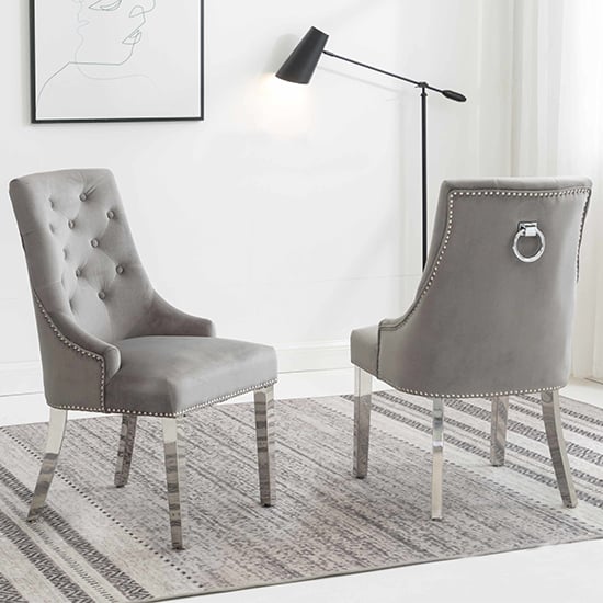 Kepro Knocker Light Grey Velvet Dining Chairs In Pair_1