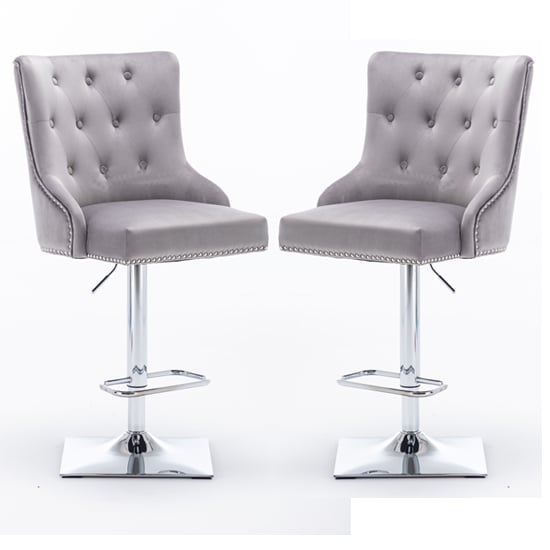Kepro Light Grey Velvet Upholstered Gas-Lift Bar Chairs In Pair