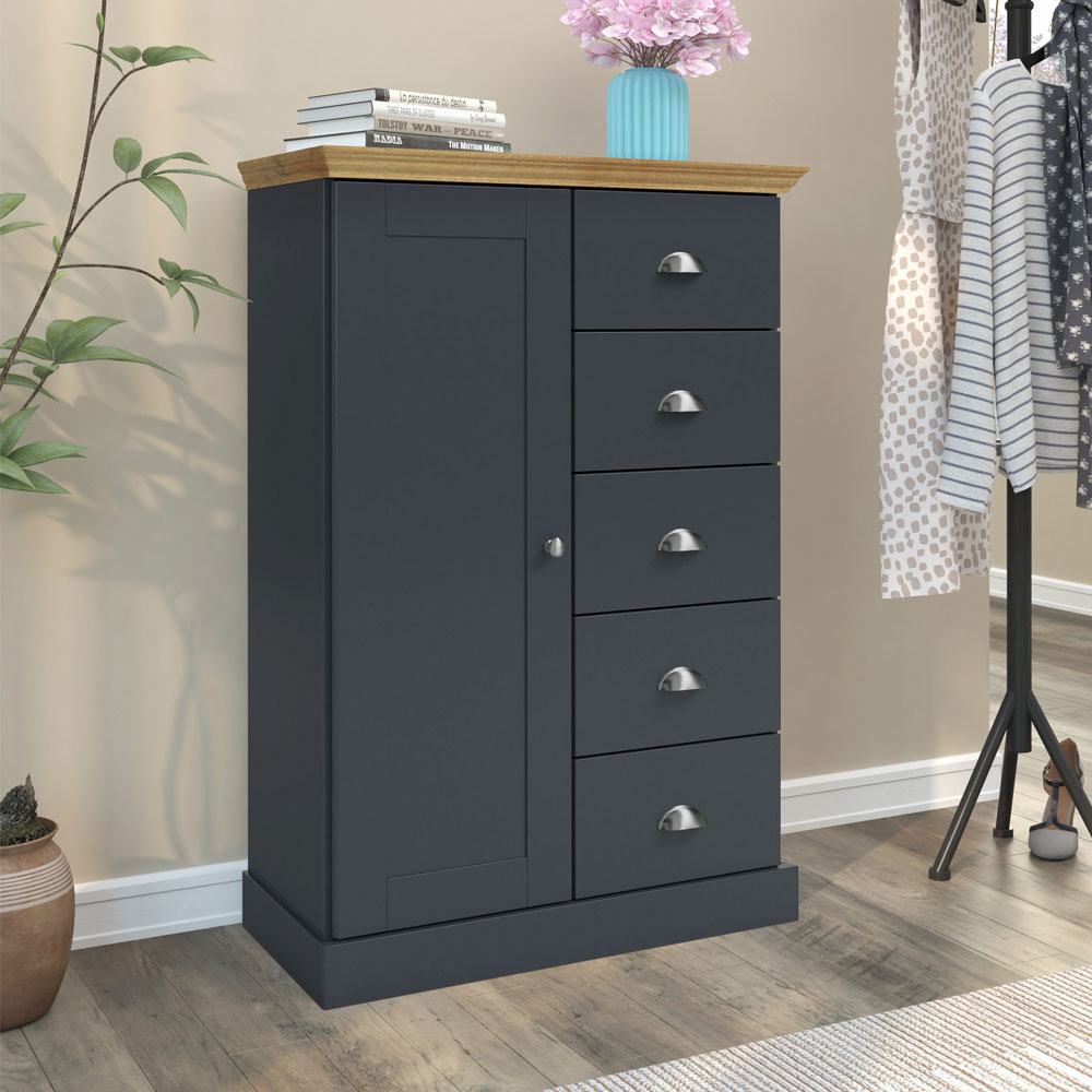Kervan Wooden Highboard with 1 Door in Anthracite and Oak