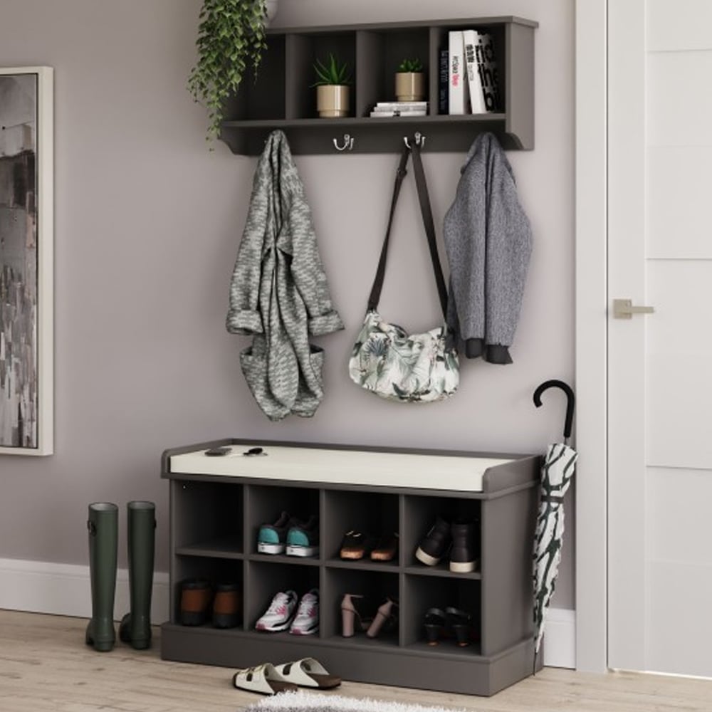 Keswick Wooden Shoe Seating Bench With Wall Coat Rack In Grey