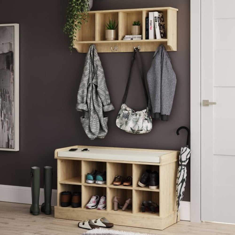 Keswick Wooden Shoe Seating Bench With Wall Coat Rack In Oak