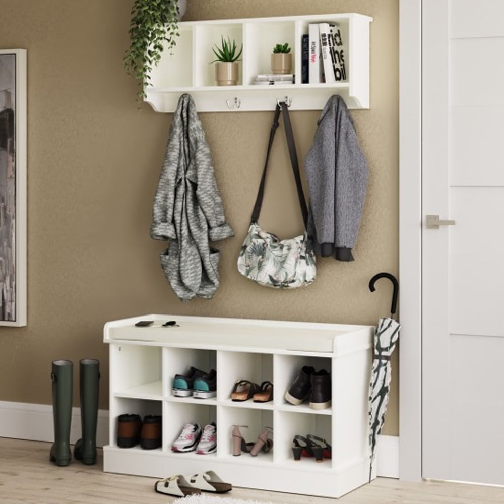 Keswick Wooden Shoe Seating Bench With Wall Coat Rack In White