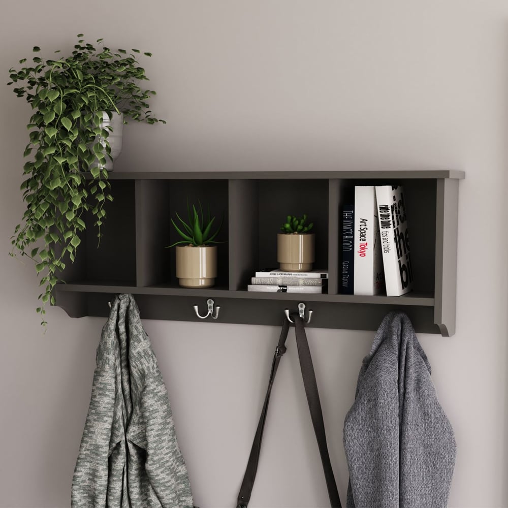 Keswick Wooden Wall Coat Rack With 4 Shelves In Grey