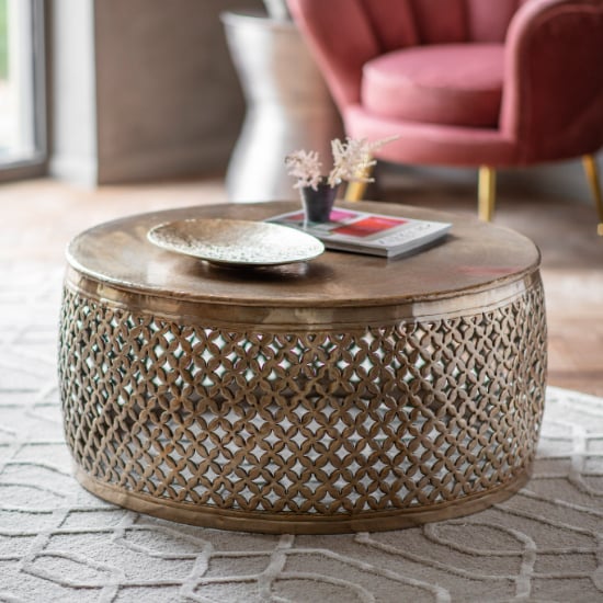 Photo of Khaliah round metal coffee table in light gold