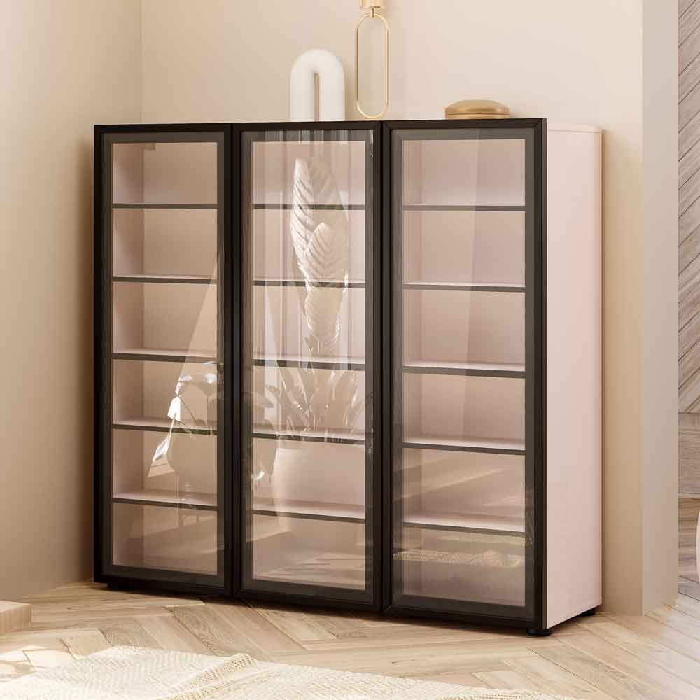 Kiana High Gloss Shoe Storage Cabinet with 3 Glass Doors in Cashmere Lacquer and LED