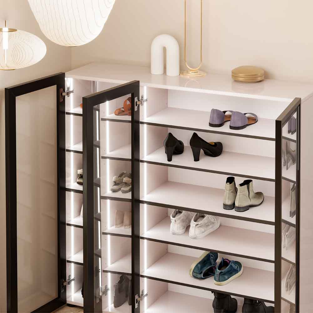 Kiana High Gloss Shoe Storage Cabinet with 3 Glass Doors in Cashmere Lacquer and LED