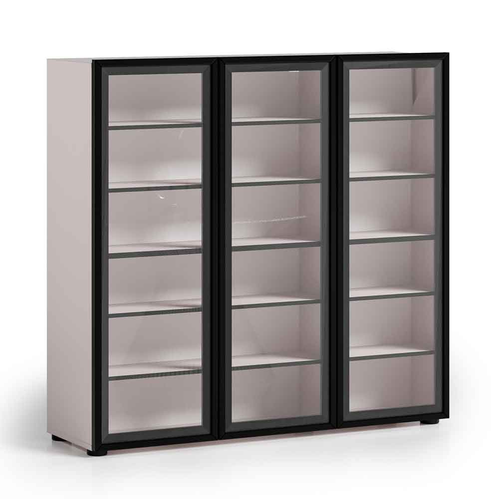 Kiana High Gloss Shoe Storage Cabinet with 3 Glass Doors in Cashmere Lacquer and LED