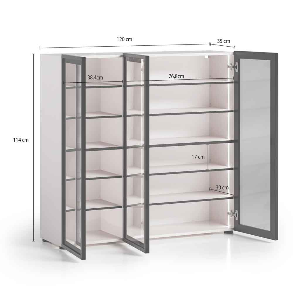Kiana High Gloss Shoe Storage Cabinet with 3 Glass Doors in Cashmere Lacquer and LED