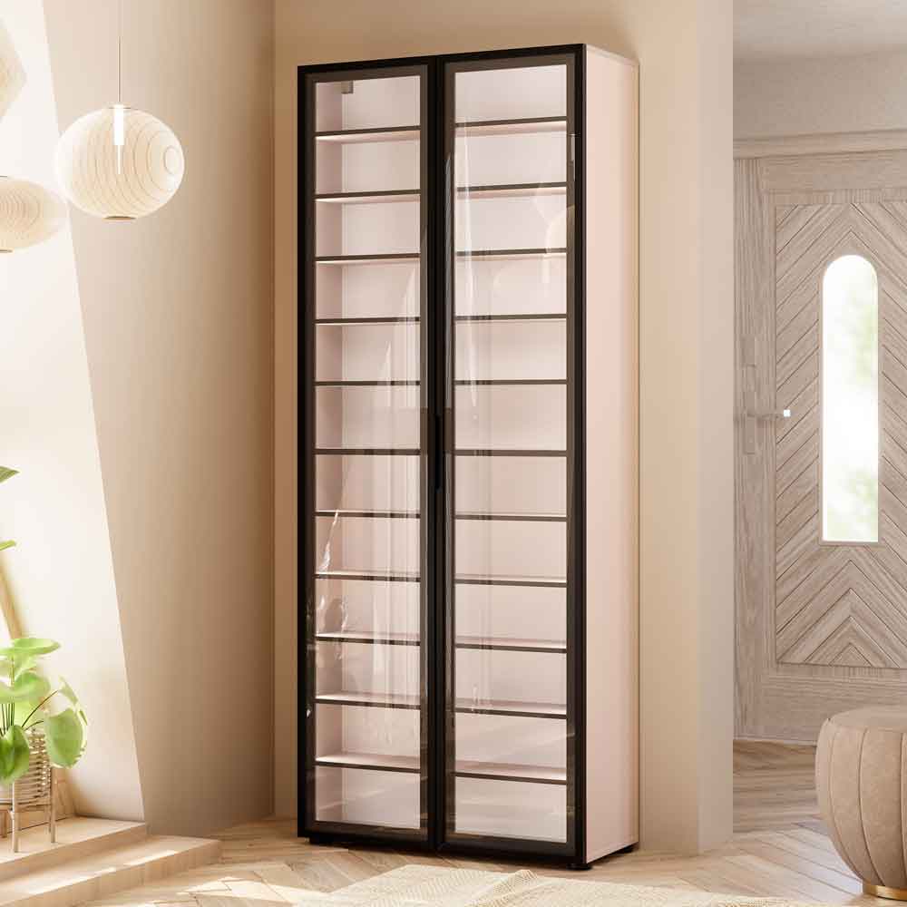 Kiana High Gloss Tall Shoe Storage Cabinet with 2 Glass Doors in Cashmere Lacquer and LED