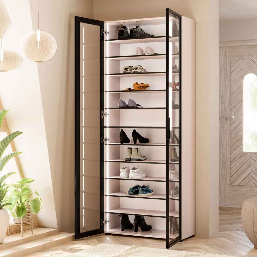 Kiana High Gloss Tall Shoe Storage Cabinet with 2 Glass Doors in Cashmere Lacquer and LED