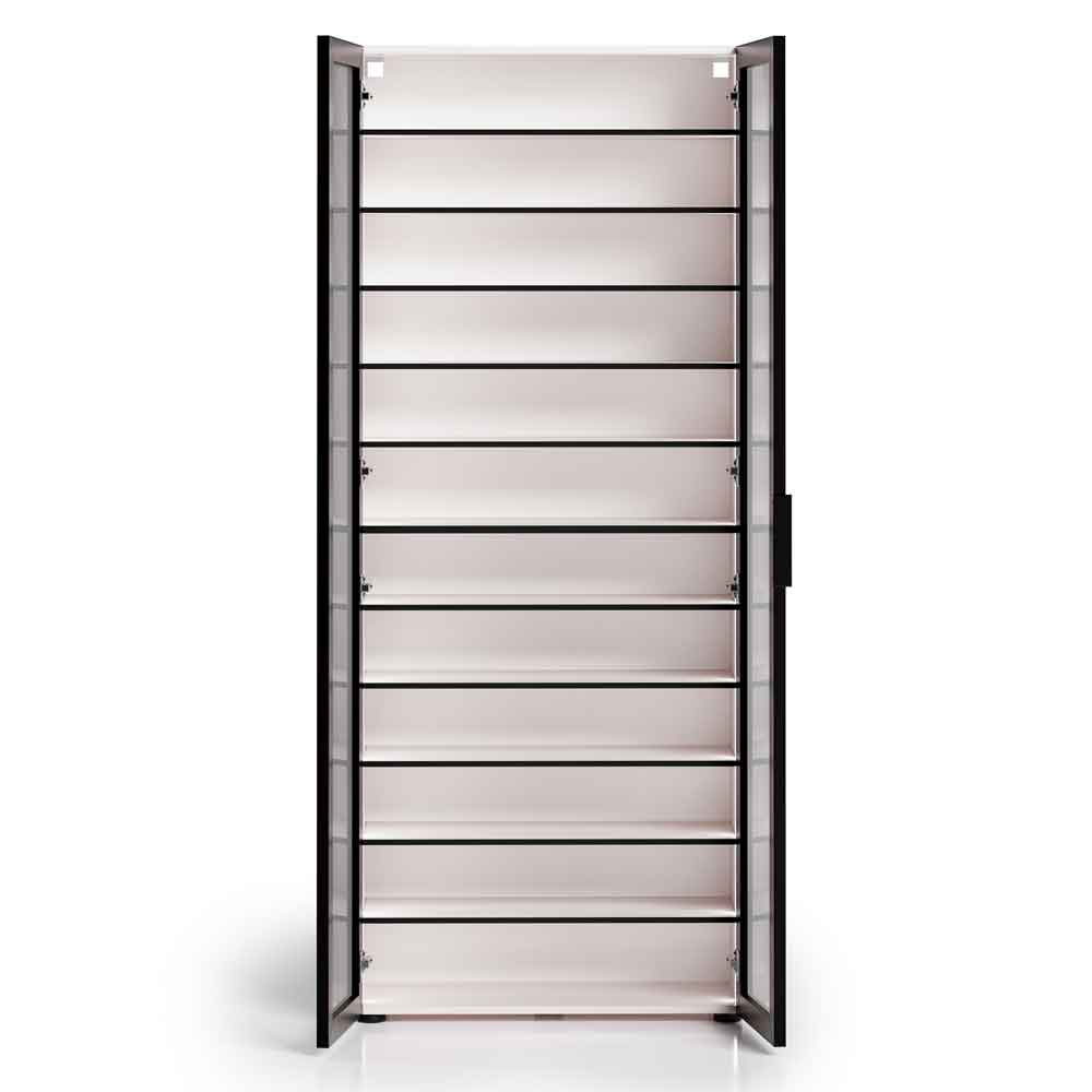 Kiana High Gloss Tall Shoe Storage Cabinet with 2 Glass Doors in Cashmere Lacquer and LED