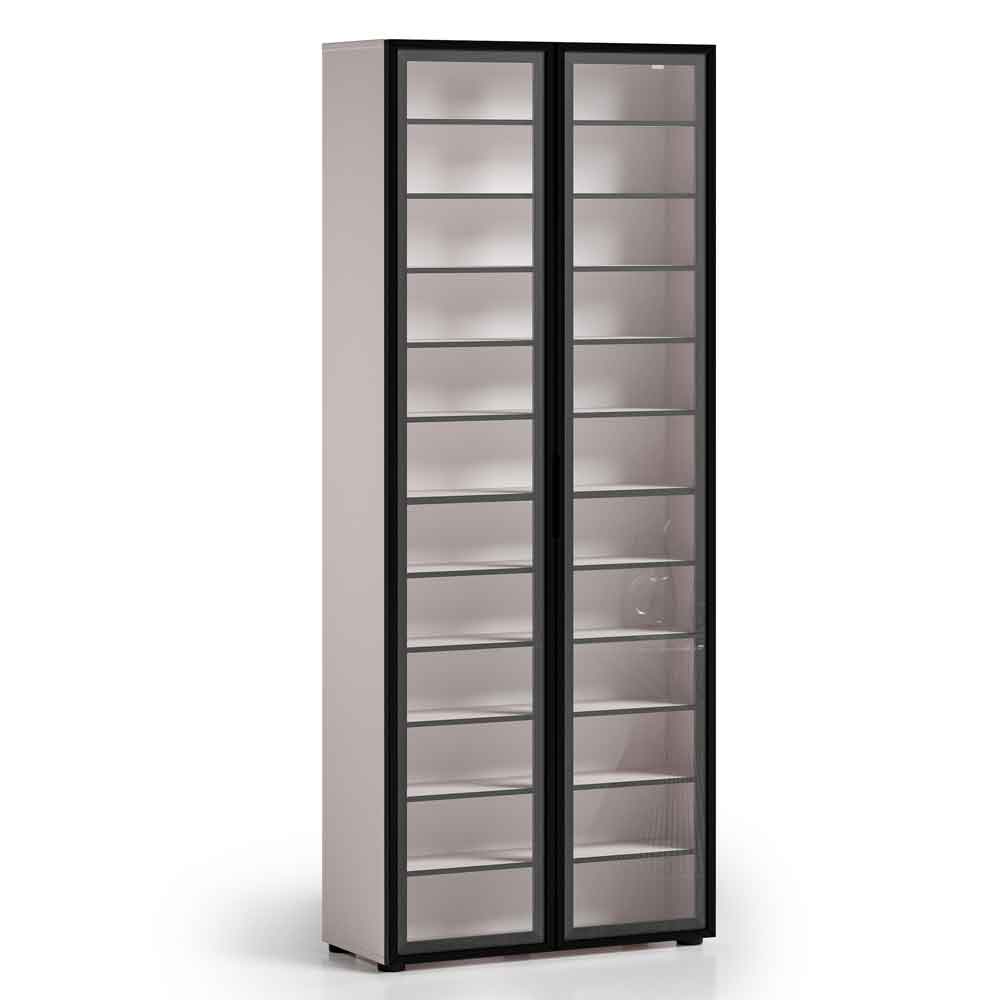 Kiana High Gloss Tall Shoe Storage Cabinet with 2 Glass Doors in Cashmere Lacquer and LED