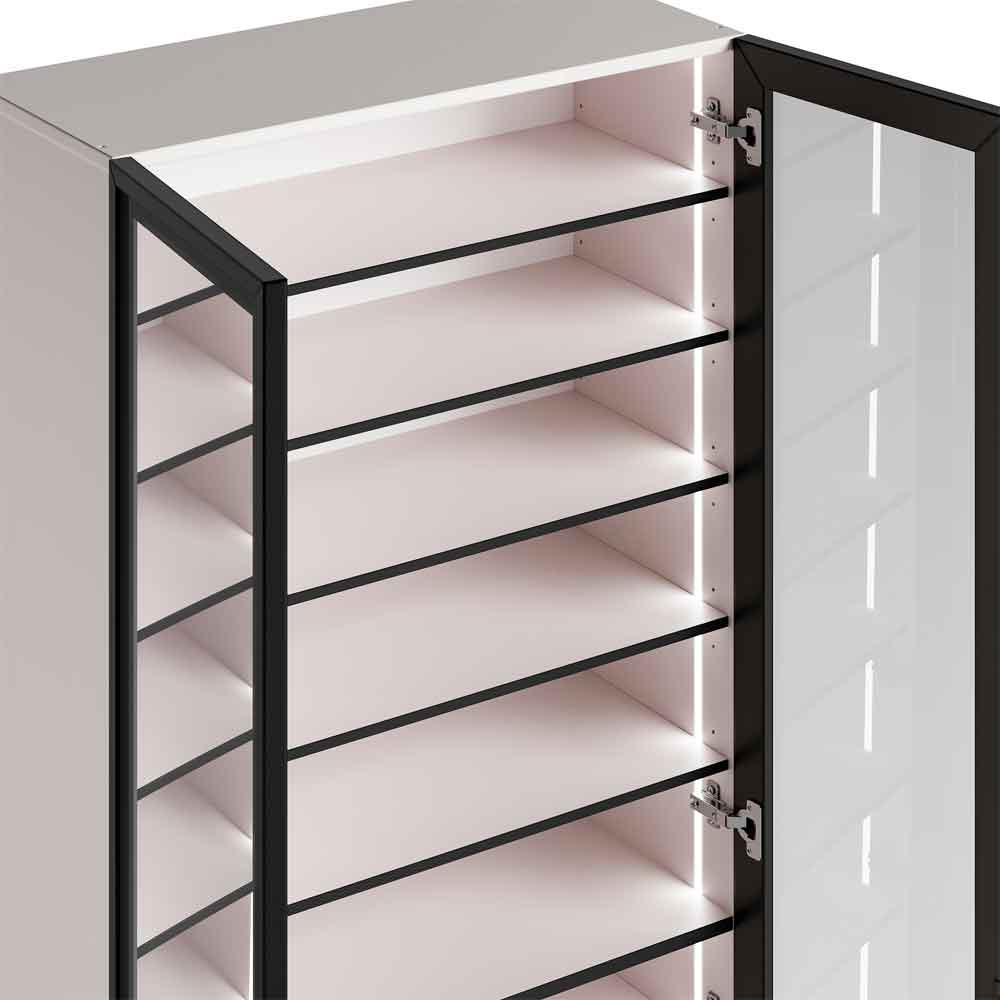 Kiana High Gloss Tall Shoe Storage Cabinet with 2 Glass Doors in Cashmere Lacquer and LED