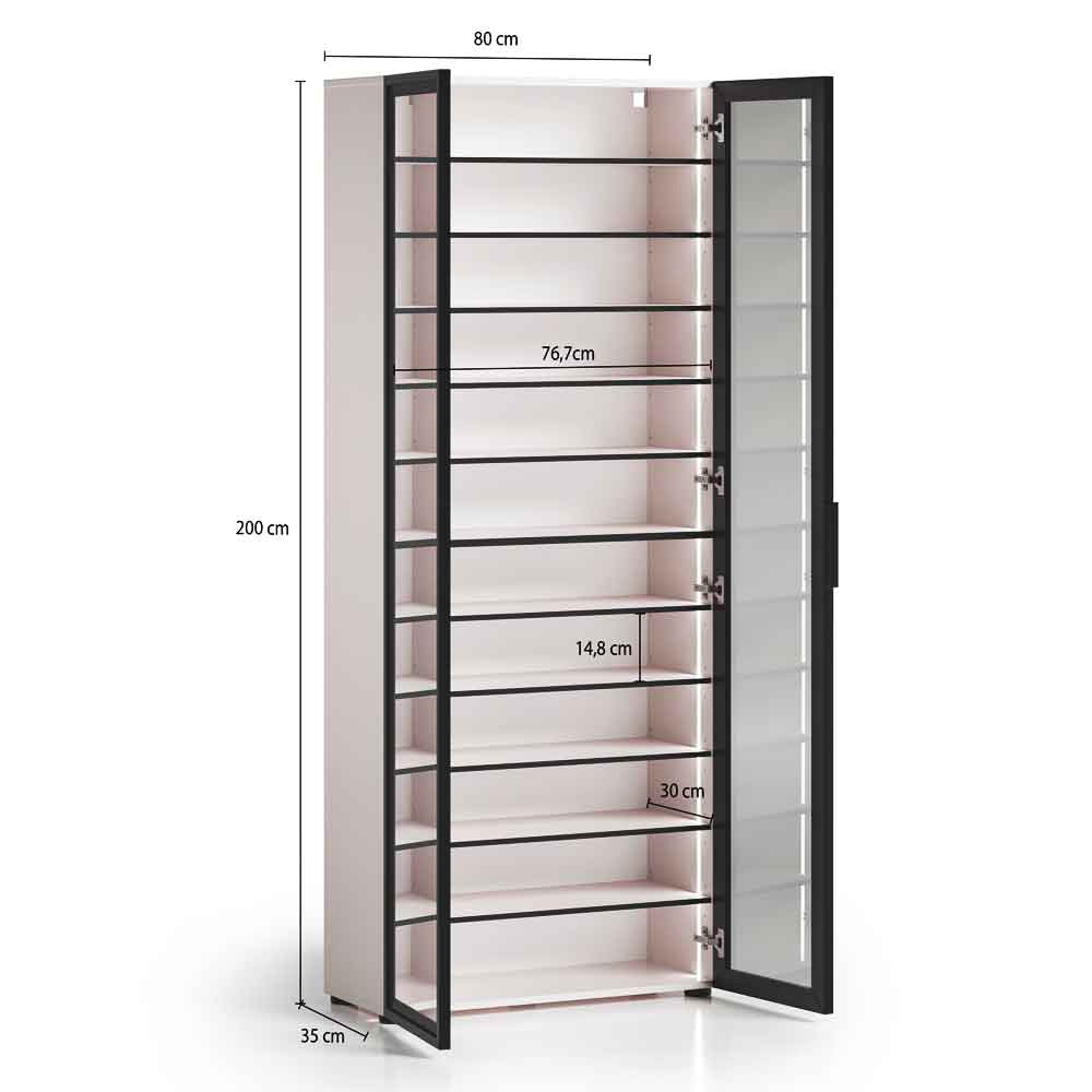 Kiana High Gloss Tall Shoe Storage Cabinet with 2 Glass Doors in Cashmere Lacquer and LED