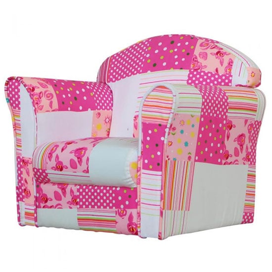 Kids Mini Fabric Armchair In White With Pink Patchwork