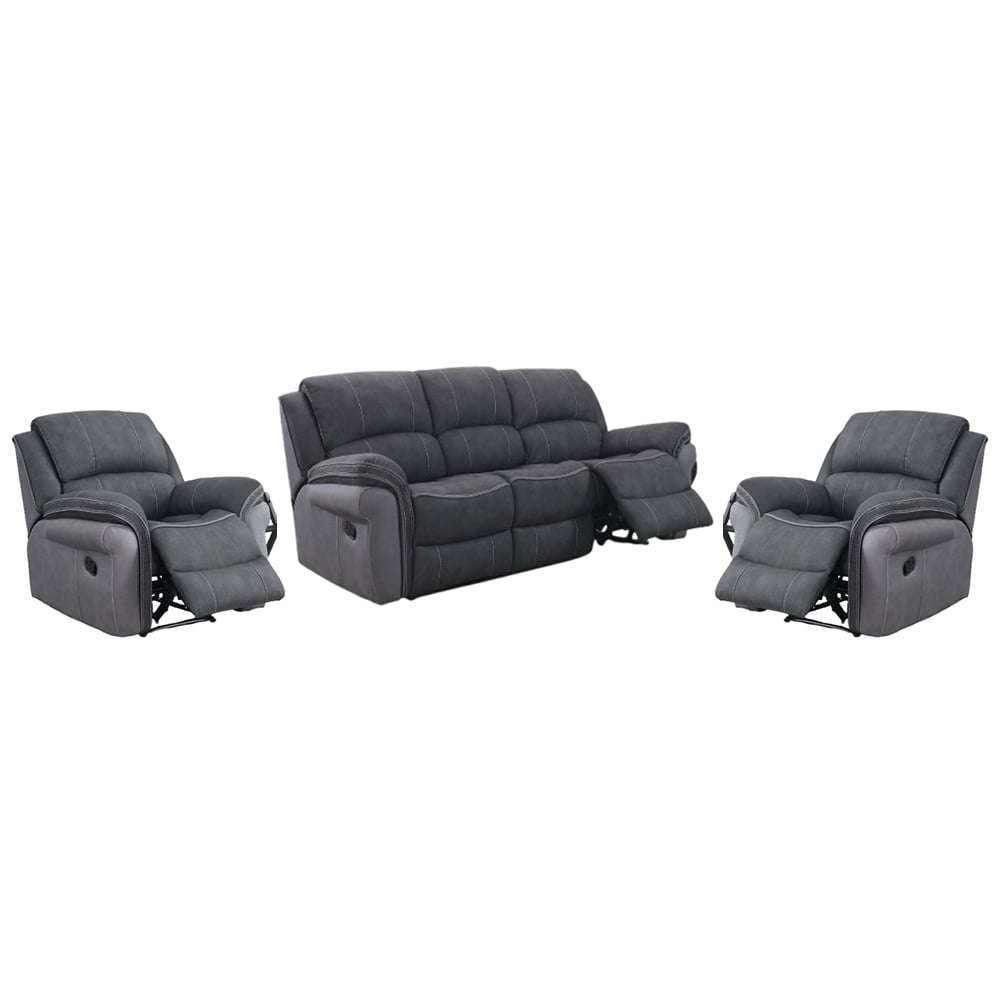 Kiel Fabric Recliner 3+1+1 Seater Sofa Set In Charcoal And Grey