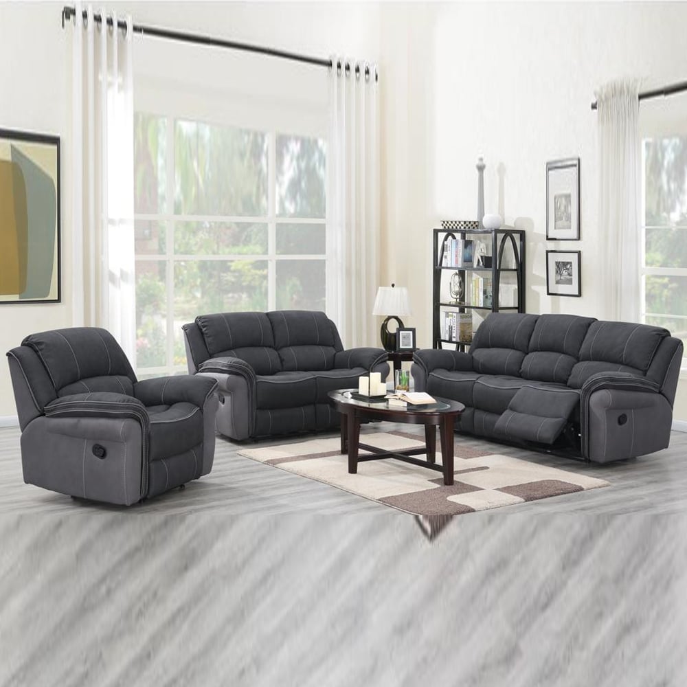 Kiel Fabric Recliner Sofa Suite In Charcoal And Grey