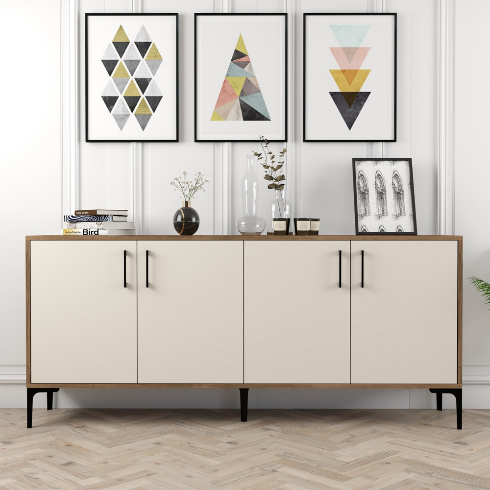 Kiev Large Wooden Sideboard with 4 Doors in Walnut and Cream