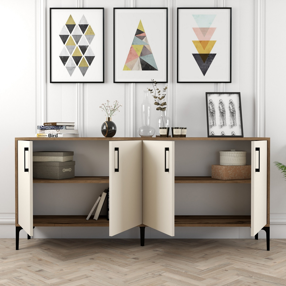 Kiev Large Wooden Sideboard with 4 Doors in Walnut and Cream