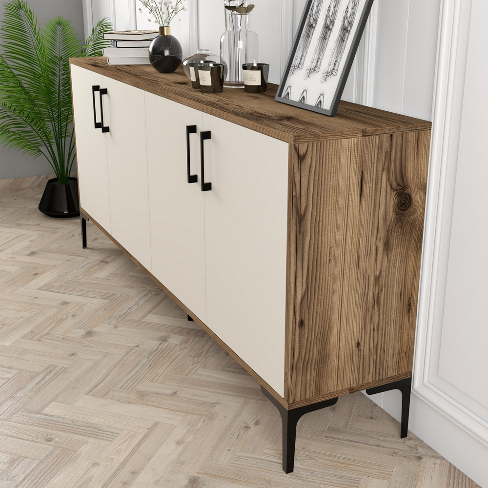 Kiev Large Wooden Sideboard with 4 Doors in Walnut and Cream