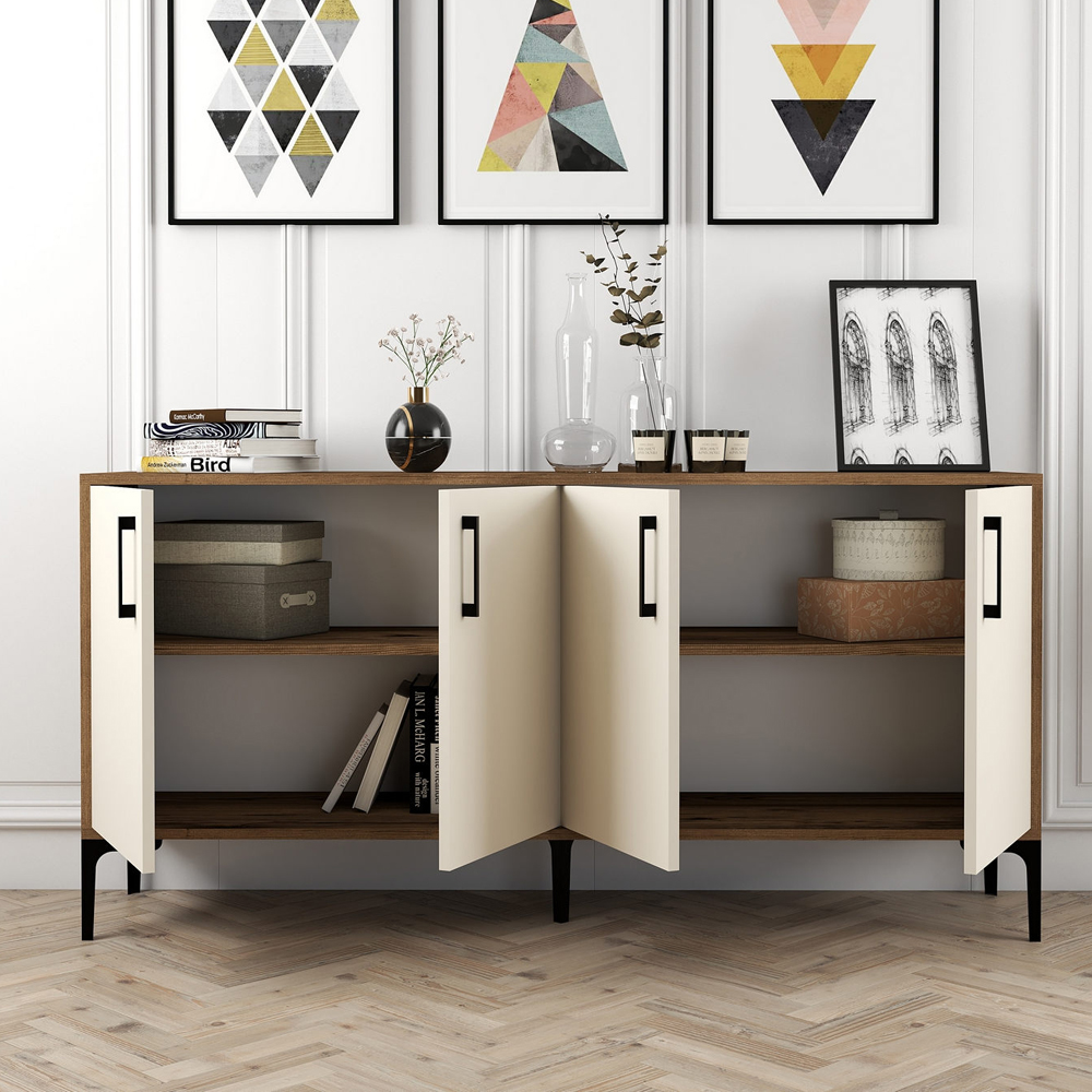 Kiev Small Wooden Sideboard with 4 Doors in Walnut and Cream