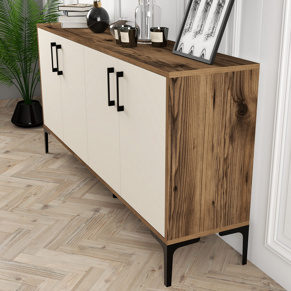 Kiev Small Wooden Sideboard with 4 Doors in Walnut and Cream