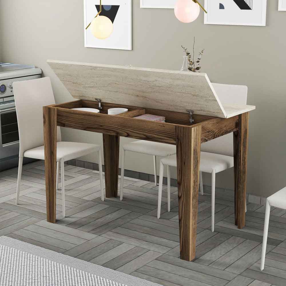 Kiev Wooden Dining Table in Walnut and Travertine Marble Effect
