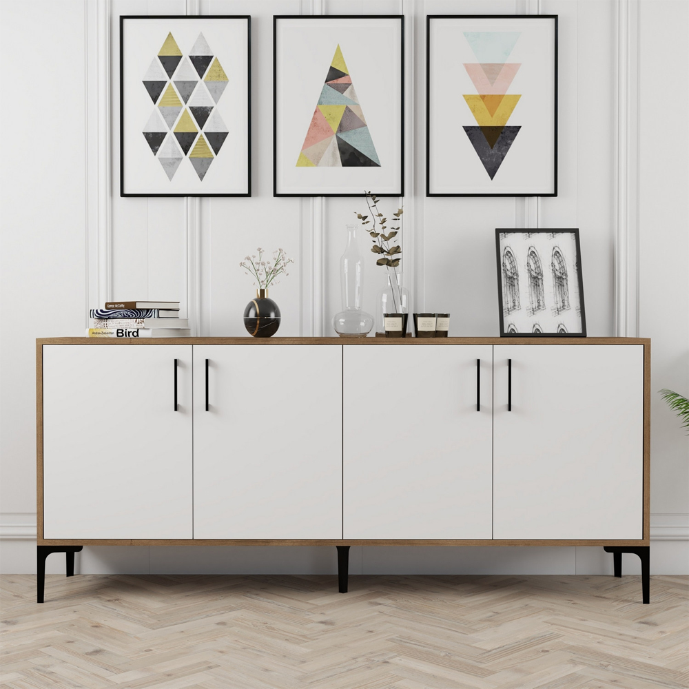 Kiev Wooden Sideboard with 4 Doors in Walnut and White