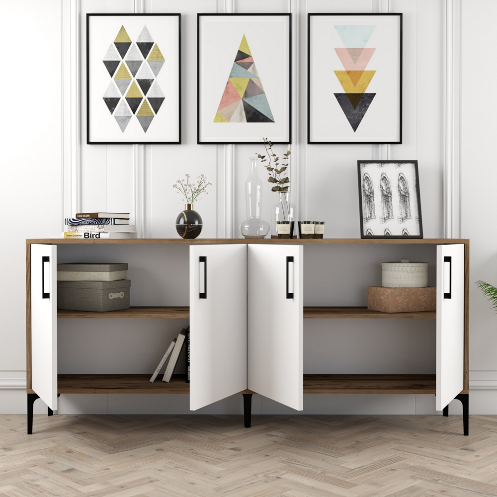 Kiev Wooden Sideboard with 4 Doors in Walnut and White