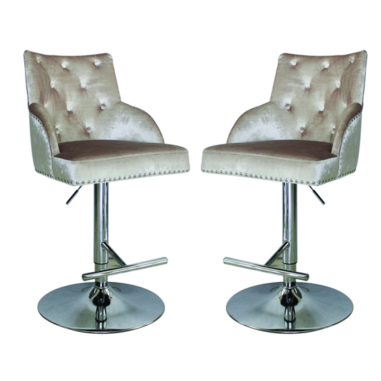 Kikki Champagne Velvet Upholstered Gas Lift Bar Stools In Pair