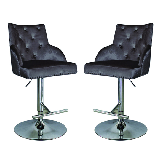Kikka Charcoal Velvet Gas Lift Bar Chairs In Pair