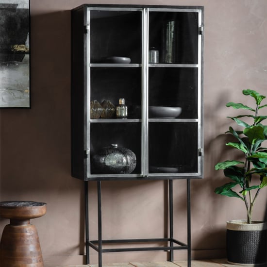 Product photograph of Kilkanni Glass Drinks Cabinet With 2 Doors In Black from Furniture in Fashion