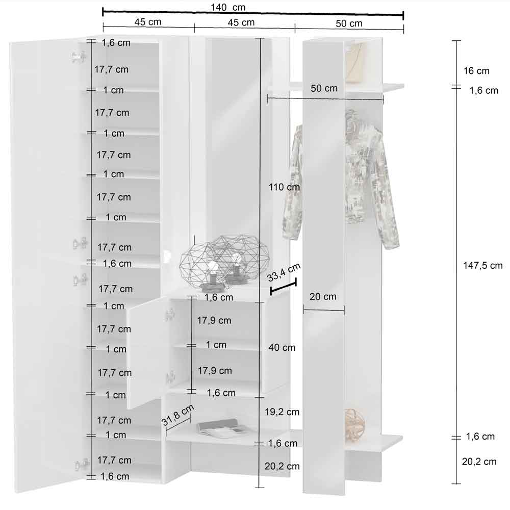 Killington High Gloss Storage Cabinet With Coat Stand In White
