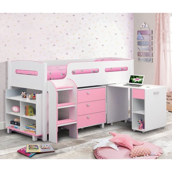 Kaira Cabin Bunk Bed In White And Pink