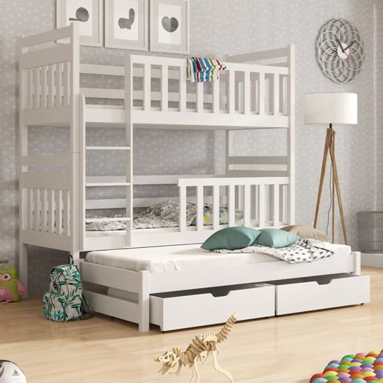 Product photograph of Kinder Bunk Bed And Trundle In White With Foam Mattresses from Furniture in Fashion