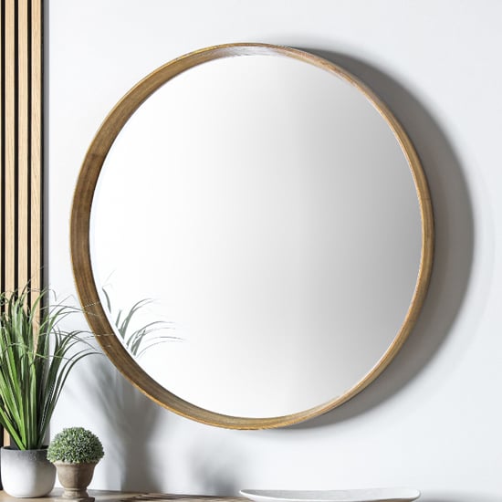 Product photograph of Kinder Round Large Bevelled Wall Mirror In Oak Wood Frame from Furniture in Fashion