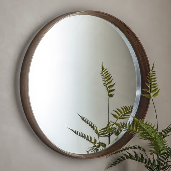 Photo of Kinder round large bevelled wall mirror in walnut wood frame