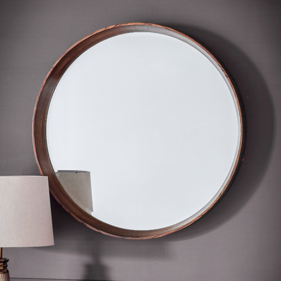 Read more about Kinder round small bevelled wall mirror in oak wood frame