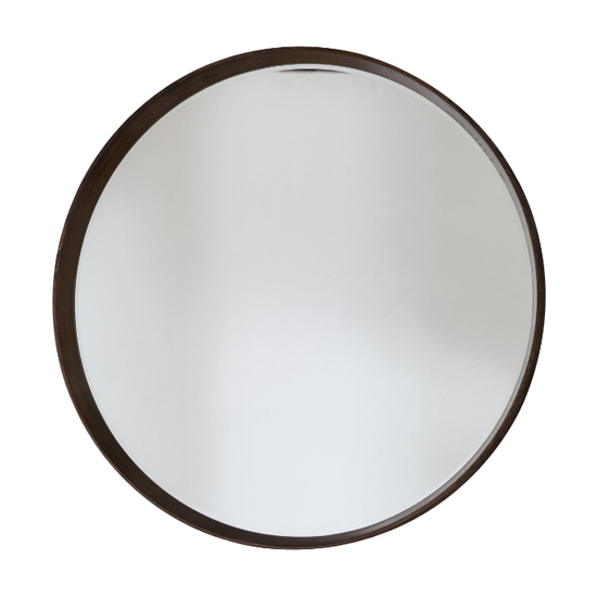 Read more about Kinder round small bevelled wall mirror in walnut wood frame