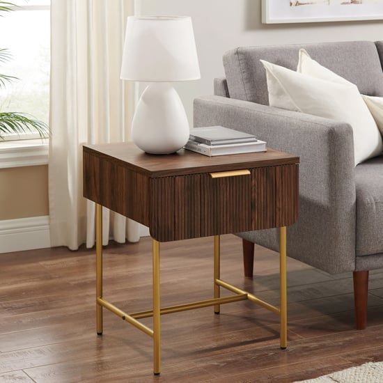 Photo of Kinder wooden side table with 1 drawer in dark walnut and gold