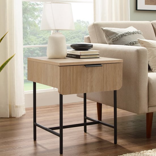 Photo of Kinder wooden side table with 1 drawer in natural and black