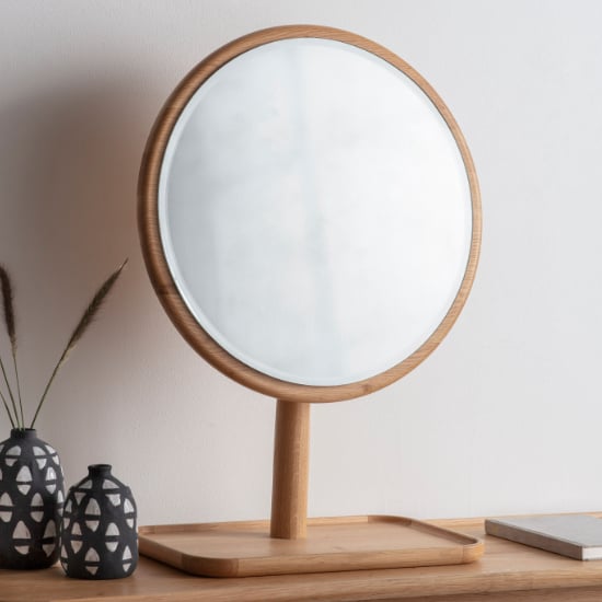 Read more about Kinghamia round dressing mirror with wooden stand in oak