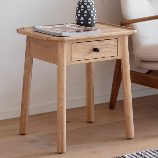 Read more about Kinghamia wooden side table with 1 drawer in oak