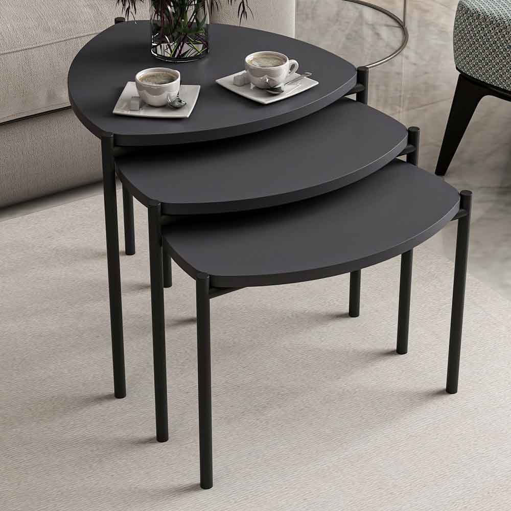 Kingsley Triangle Wooden Nest of 3 Side Table with Metal Legs in Anthracite