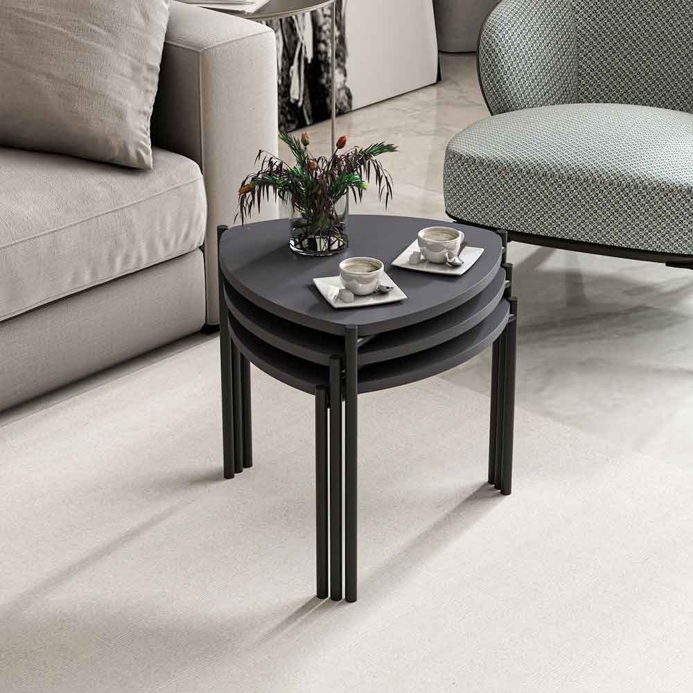 Kingsley Triangle Wooden Nest of 3 Side Table with Metal Legs in Anthracite