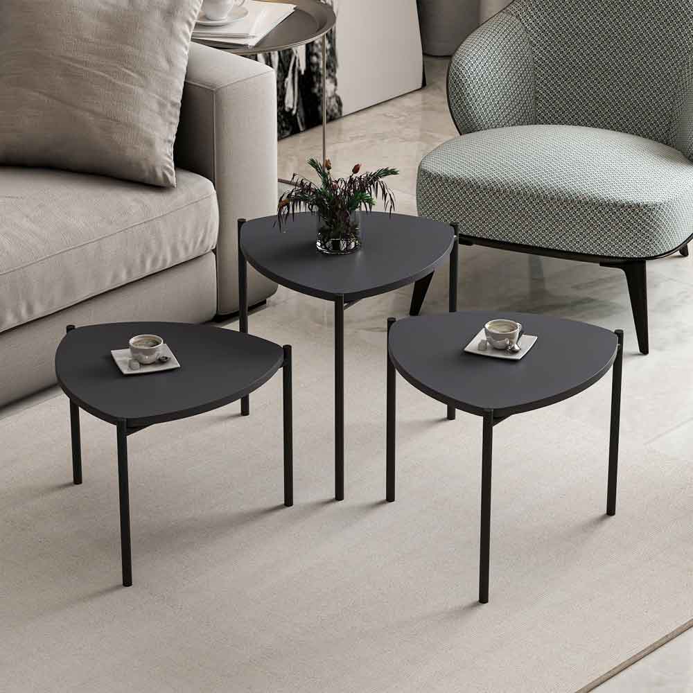 Kingsley Triangle Wooden Nest of 3 Side Table with Metal Legs in Anthracite