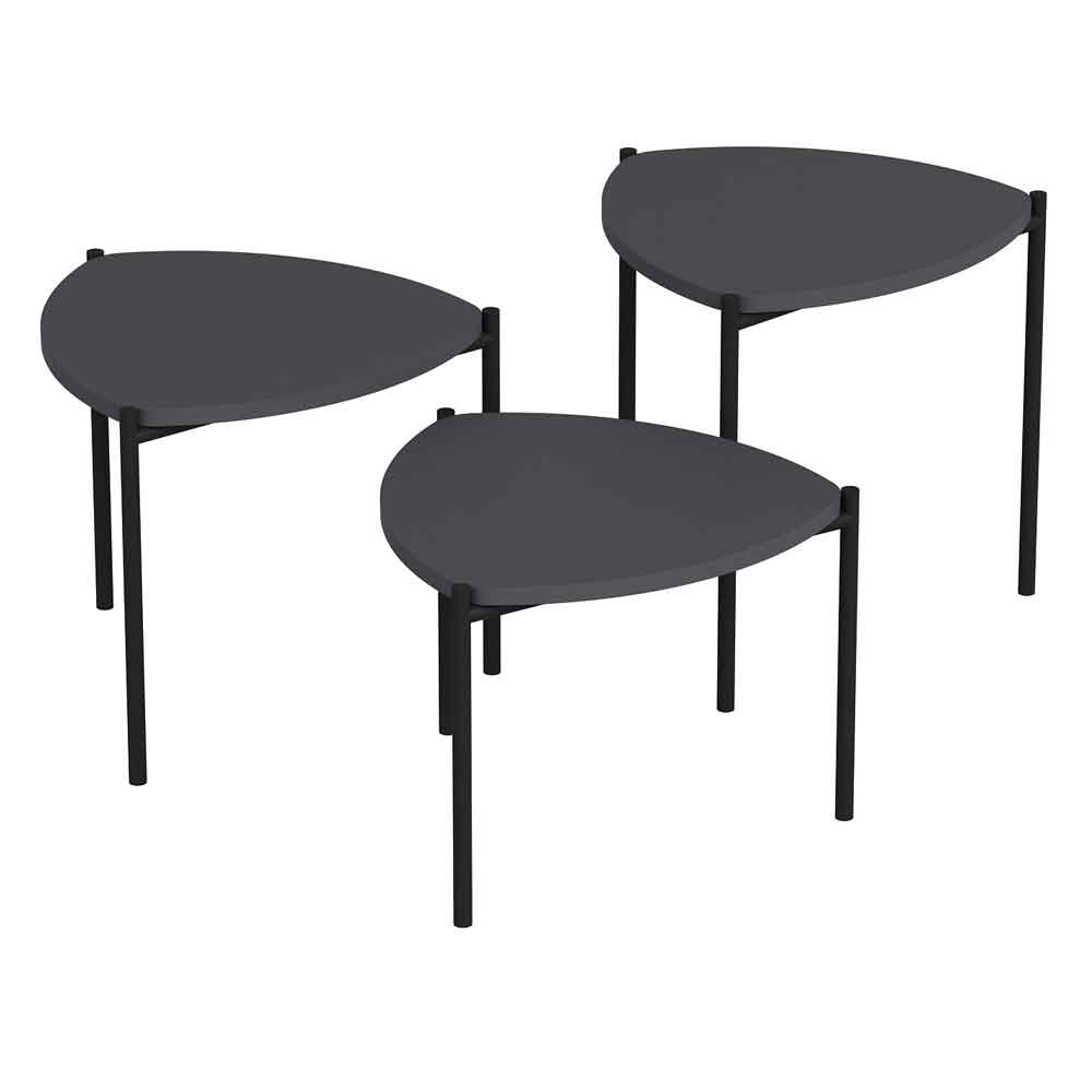 Kingsley Triangle Wooden Nest of 3 Side Table with Metal Legs in Anthracite
