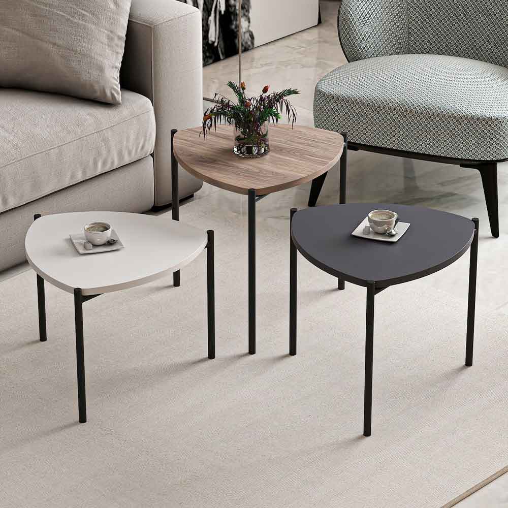 Kingsley Triangle Wooden Nest of 3 Side Table with Metal Legs in Multicolour