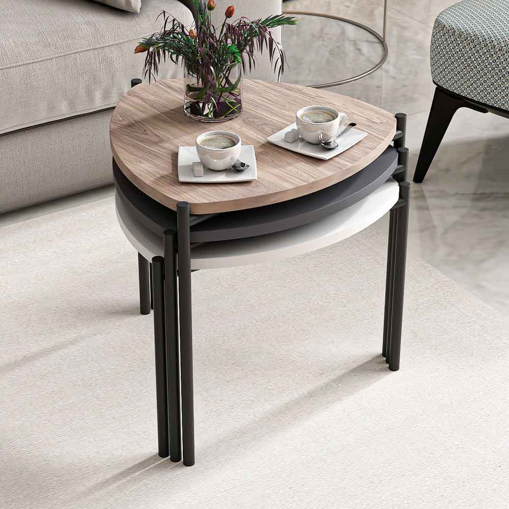 Kingsley Triangle Wooden Nest of 3 Side Table with Metal Legs in Multicolour