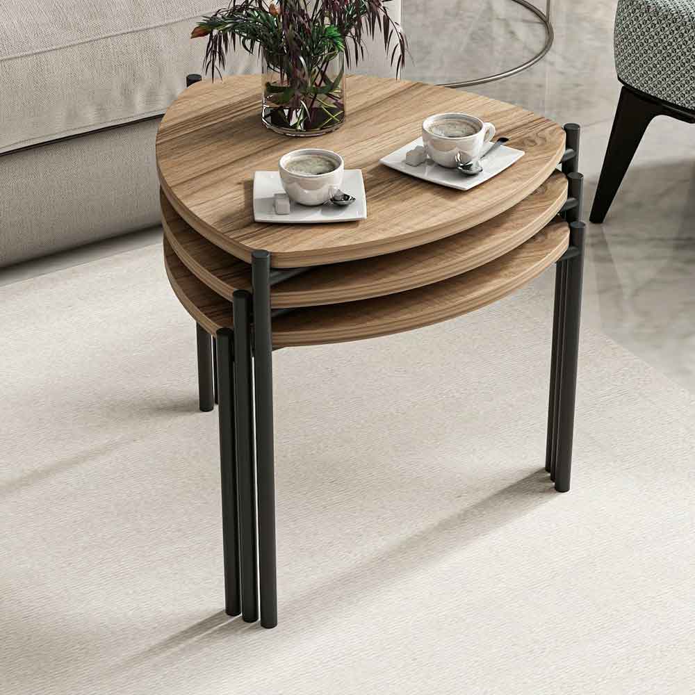 Kingsley Triangle Wooden Nest of 3 Side Table with Metal Legs in Walnut